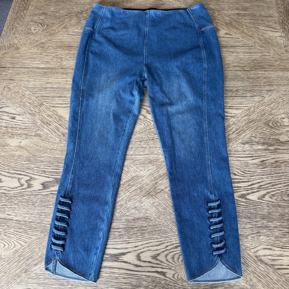 Lysse New York Blue Denim Leggings Medium Wash Cropped Loop Ankle Detail Size L